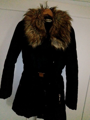 Long black Toi&Moi jacket with fur, belt, pockets, size M like new
