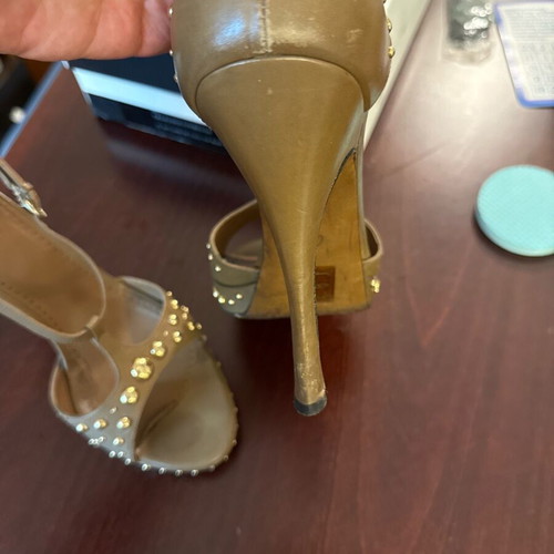 Moschino size 40 brown heels used with gold button detail