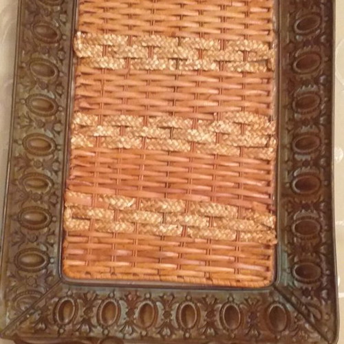 Decorative tray used, metal with wicker 30×50×5 cm