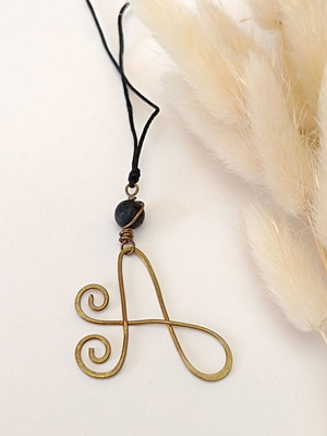 Handmade brass hammered necklace with letter A and adjustable cord