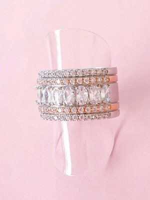 Vintage 90ies ring with white gold plating and cubic zircon stones, new