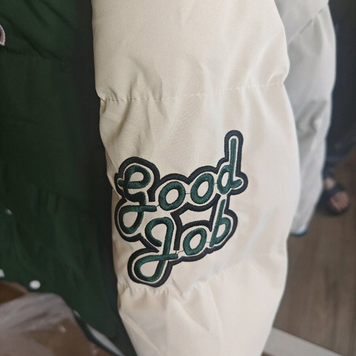 Men's puffer varsity jacket with hood, new, green and white