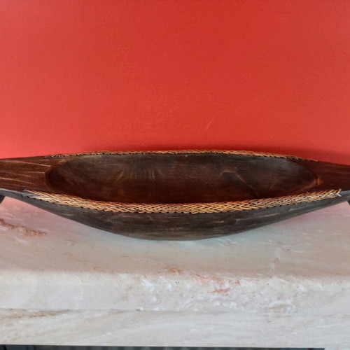 Ethnic serving platter handmade from wood and rattan