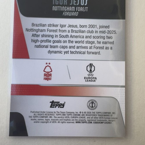 Igor Jesus RC Topps Chrome UCC 2025/26 Nottingham Forest card like new