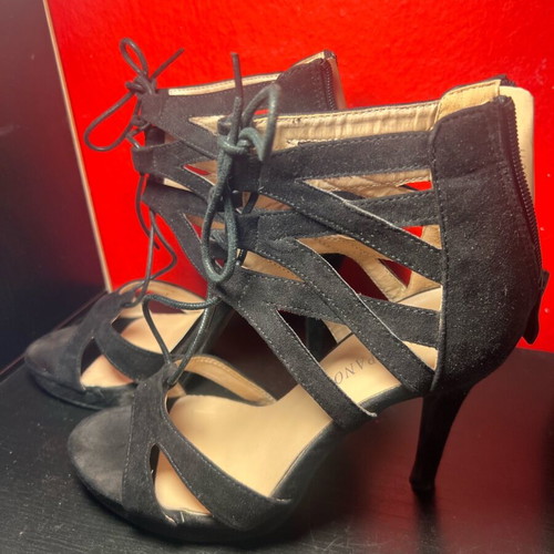 Black suede sandals used, size 39, 10cm heel