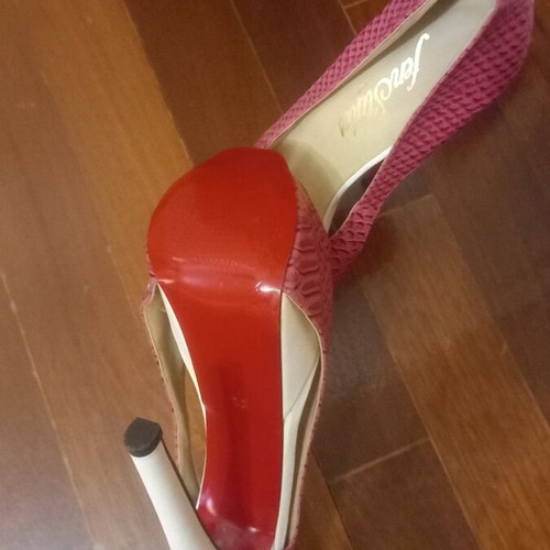 Fenstyle high heel shoes like new, 18 cm, leather snake details, white and pink