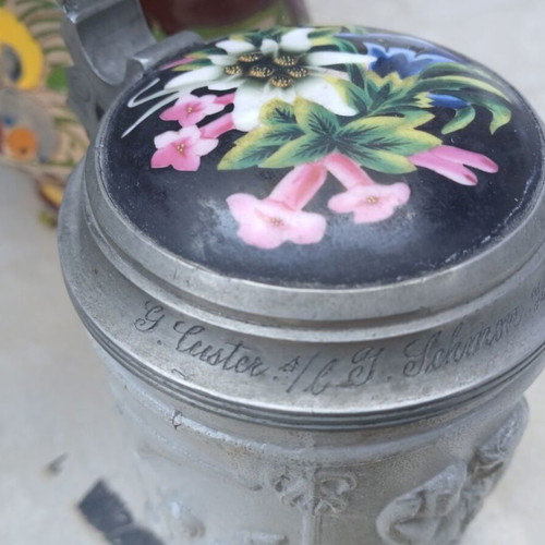 Antique German Westerwald Salt-Glazed Stoneware Beer Stein with Pewter Lid used