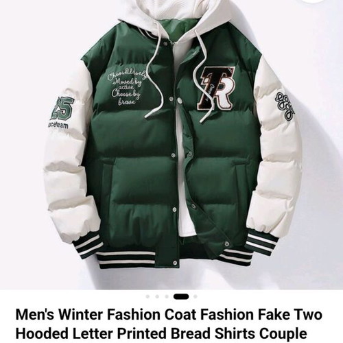 Men's puffer varsity jacket with hood, new, green and white