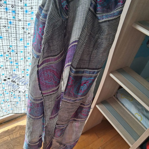 Scarf-shawl like new multicolored with shiny fabric in purple and gray shades