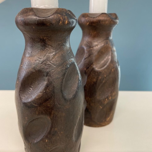 Handmade wooden candlesticks set of 2, like new, dark wood
