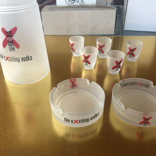 Serkova shot glasses set with large pitcher and ashtrays new