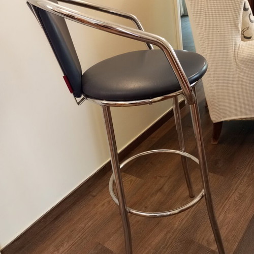 High stools with inox frame and dark blue leatherette, like new, set of 2