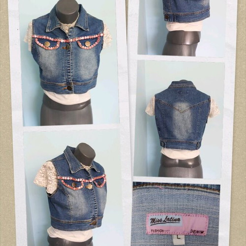 Miss Latina denim vest with pink stones like new, sizes L to XXL