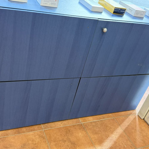 Display counter with storage cabinets used, blue MDF wood