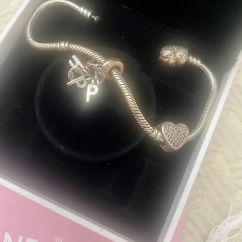 Pandora bracelet with two charms, silver