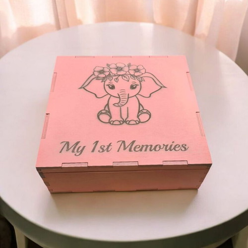 Wooden memory box for newborn with elephant theme made to order