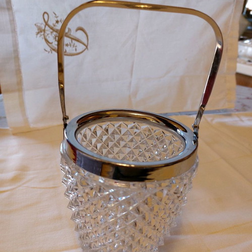 Bohemian crystal ice bucket very old with silver-plated rim and handle like new