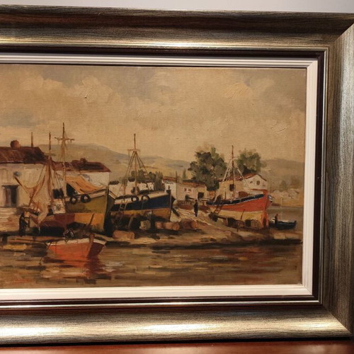 Oil painting on canvas by Antonis Karras used, seaside landscape with fishing boats