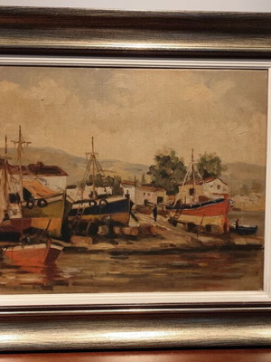 Oil painting on canvas by Antonis Karras used, seaside landscape with fishing boats