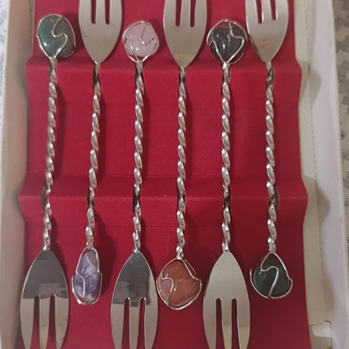 Set of 6 vintage Barasch Sylmar cocktail forks with semi-precious stones