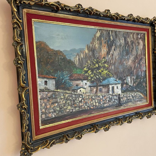 Embossed oil painting like new, theme House in the village