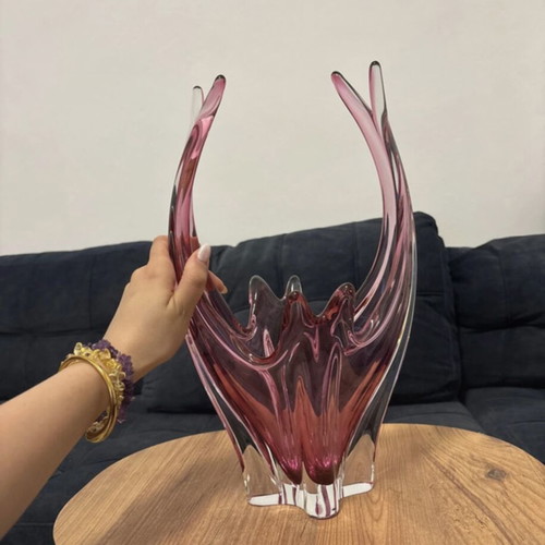 Josef Hospodka for Chřibská Pink Art Glass Basket Vase 1960s like new