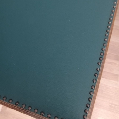 Vintage wooden desk used, walnut color with intact leather surface