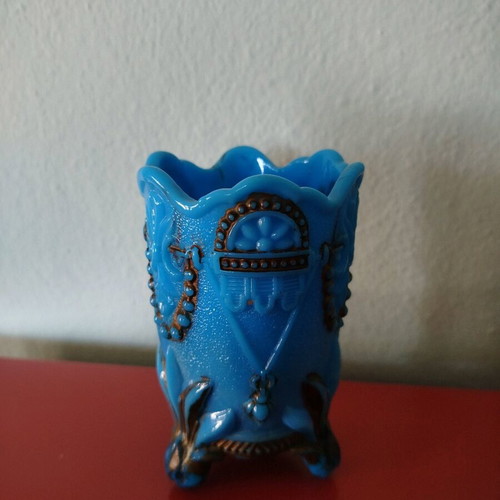 Blue opaline like new with embossed decoration and bronze paint