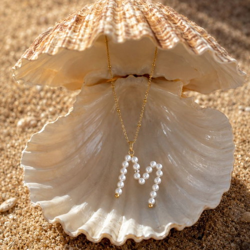 Pearl monogram necklace with stainless steel chain, letter M