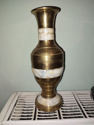 Brass vase handmade with mother of pearl inlays, like new condition