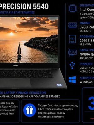 Dell Precision 5540 laptop used, i5-9400H, 32GB RAM, 256GB SSD, Quadro T2000, Windows 11