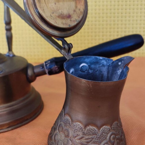 Vintage brass spirit lamp and carved coffee pot like new
