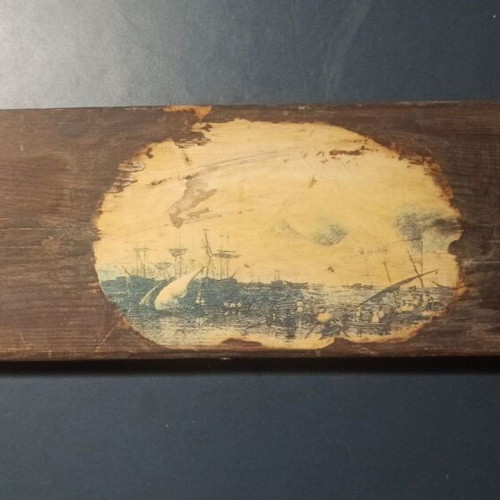 Engraving on old wood used, harbor theme from previous century with hanger