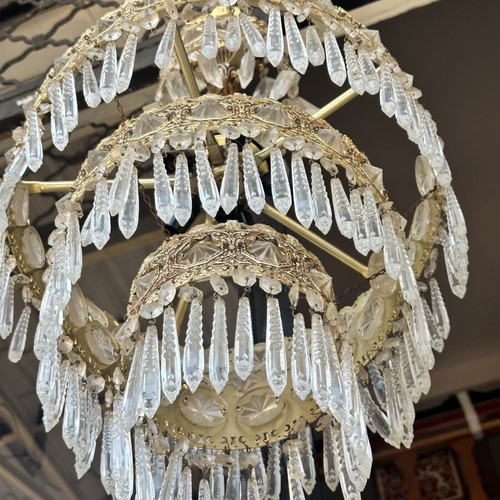 Vintage Aluminum Chandelier 3-Tier with Crystal Elements used