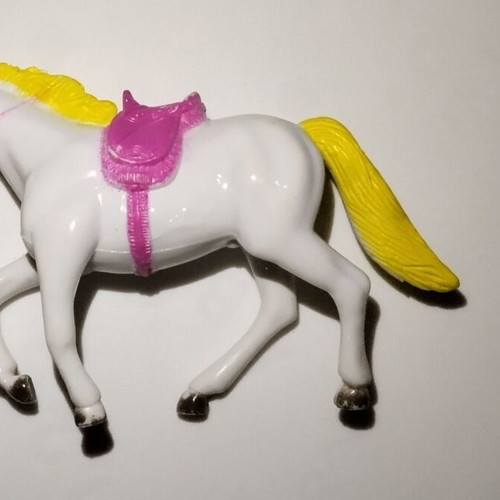 White Horse Figure with Yellow Mane and Pink Saddle used, 10cm