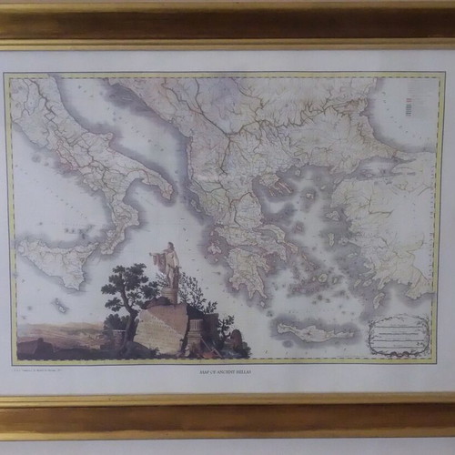 Engraving map of Greece vintage, like new, colored with frame