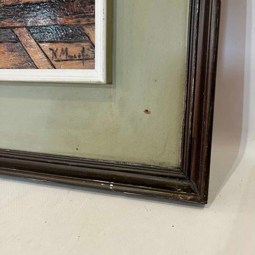 Vintage pyrography wall art with seabirds and artist signature, 49x55