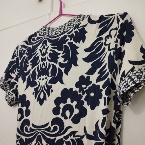 Women's Damask Wrap Dress Size M White Navy Blue