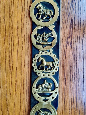 Authentic English vintage leather belt with 5 solid brass horse brasses