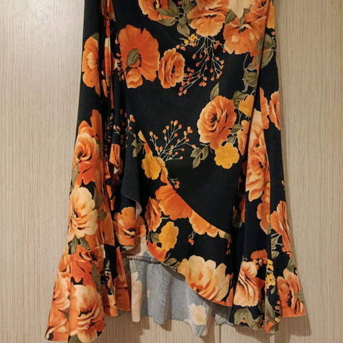 Dress black with orange flowers used, elastic, Spanish style hem