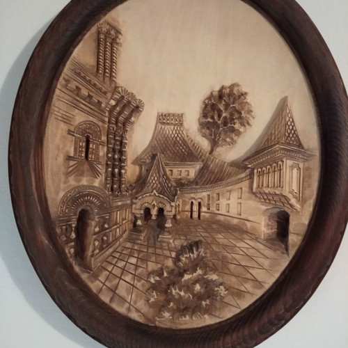 Russian handmade wood carving relief painting oval new