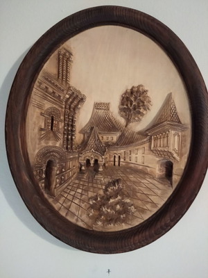 Russian handmade wood carving relief painting oval new