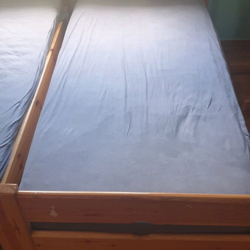 Wooden bunk bed used, solid wood, includes mattresses and nightstands
