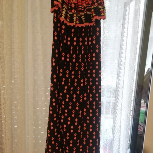 Strapless dress with Prive pattern used, black and orange, small-medium