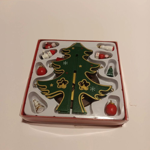 Christmas tree decoration wooden with miniatures and balls