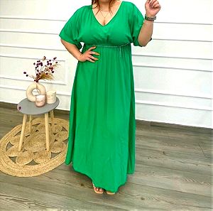 Plus size γυναικείο καλοκαιρινό κοντομάνικο μακρύ φόρεμα πράσινο