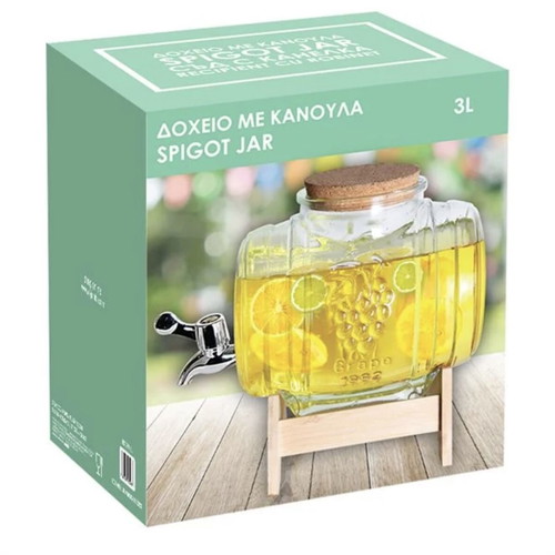 Glass barrel container with tap and wooden stand 3L