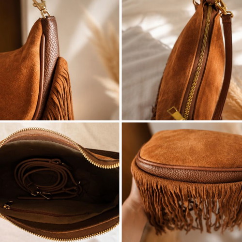 Women's Shoulder Bag New, Natural Suede, Genuine Leather, Brown