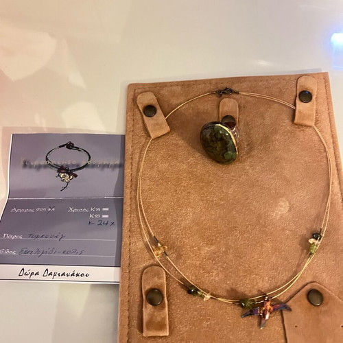 Jewelry set necklace and ring silver 925 and gold k24 new, green and gold