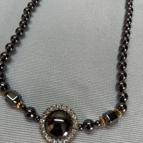 Vintage Hematite Necklace with Rhinestone Pendant like new